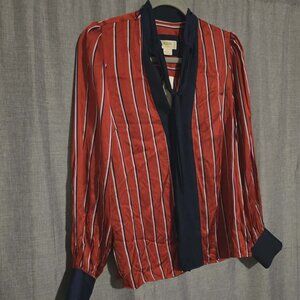 Maeve Anthropologie Red Stripe Tie Neck Blouse XS Viscose